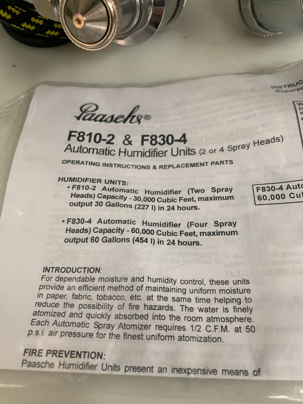 PAASCHE AUTOMATIC HUMIDIFIER UNIT 4 SPRAY HEADS F830-4
