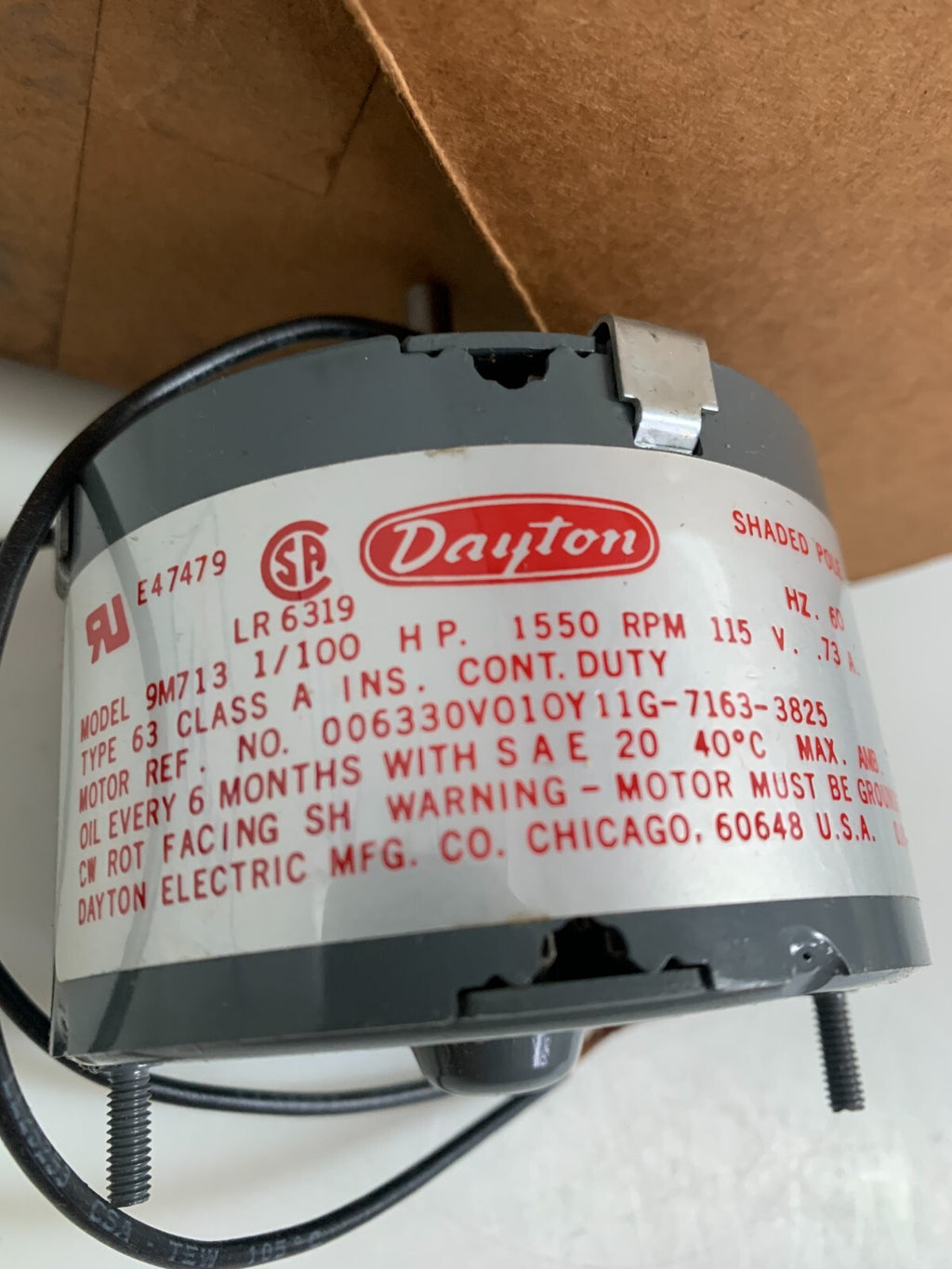 DAYTON FAN & BLOWER MOTOR 1/100 HP 1550 RPM 9M7132