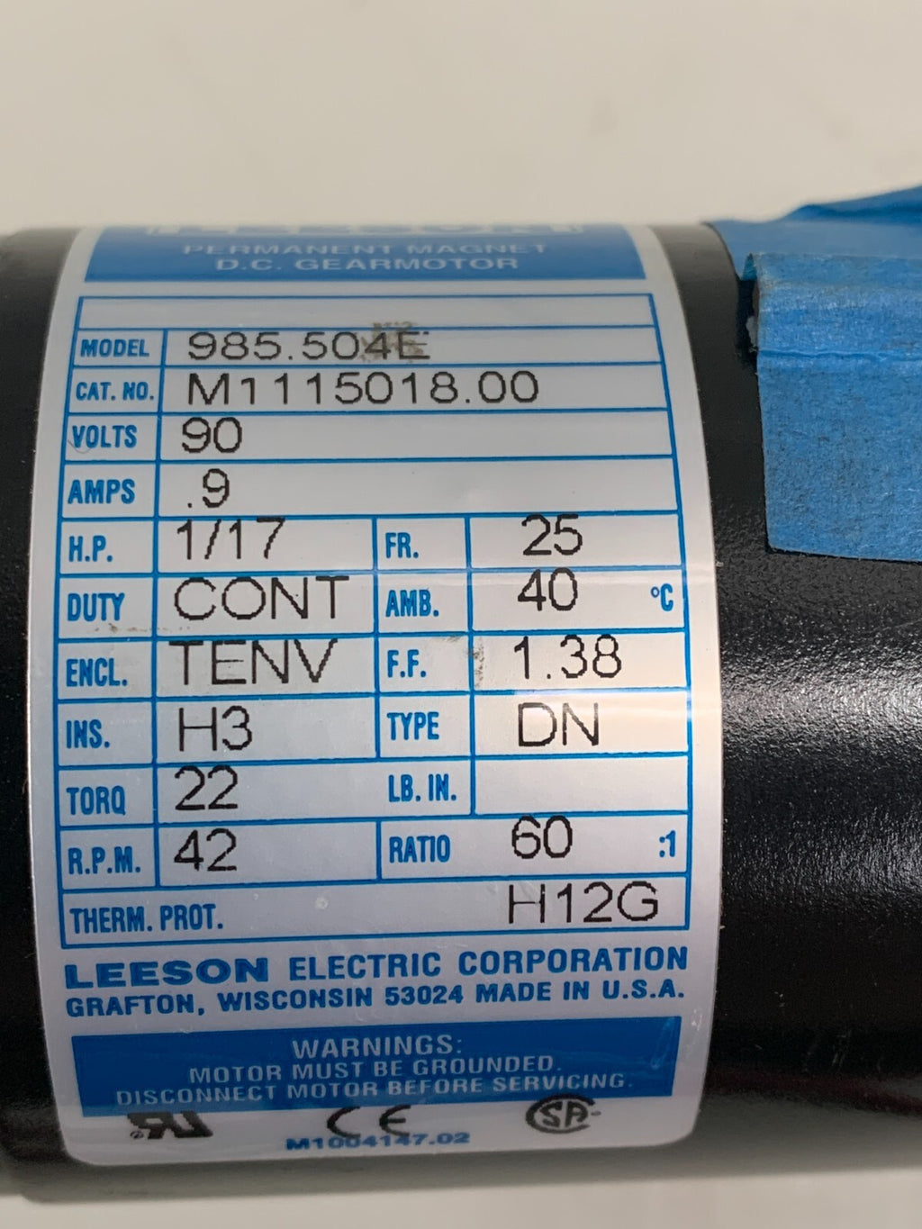 Leeson 985.504E Permanent Magnet D.C. Gearmotor 60:1 Ratio 1/17 HP 90V