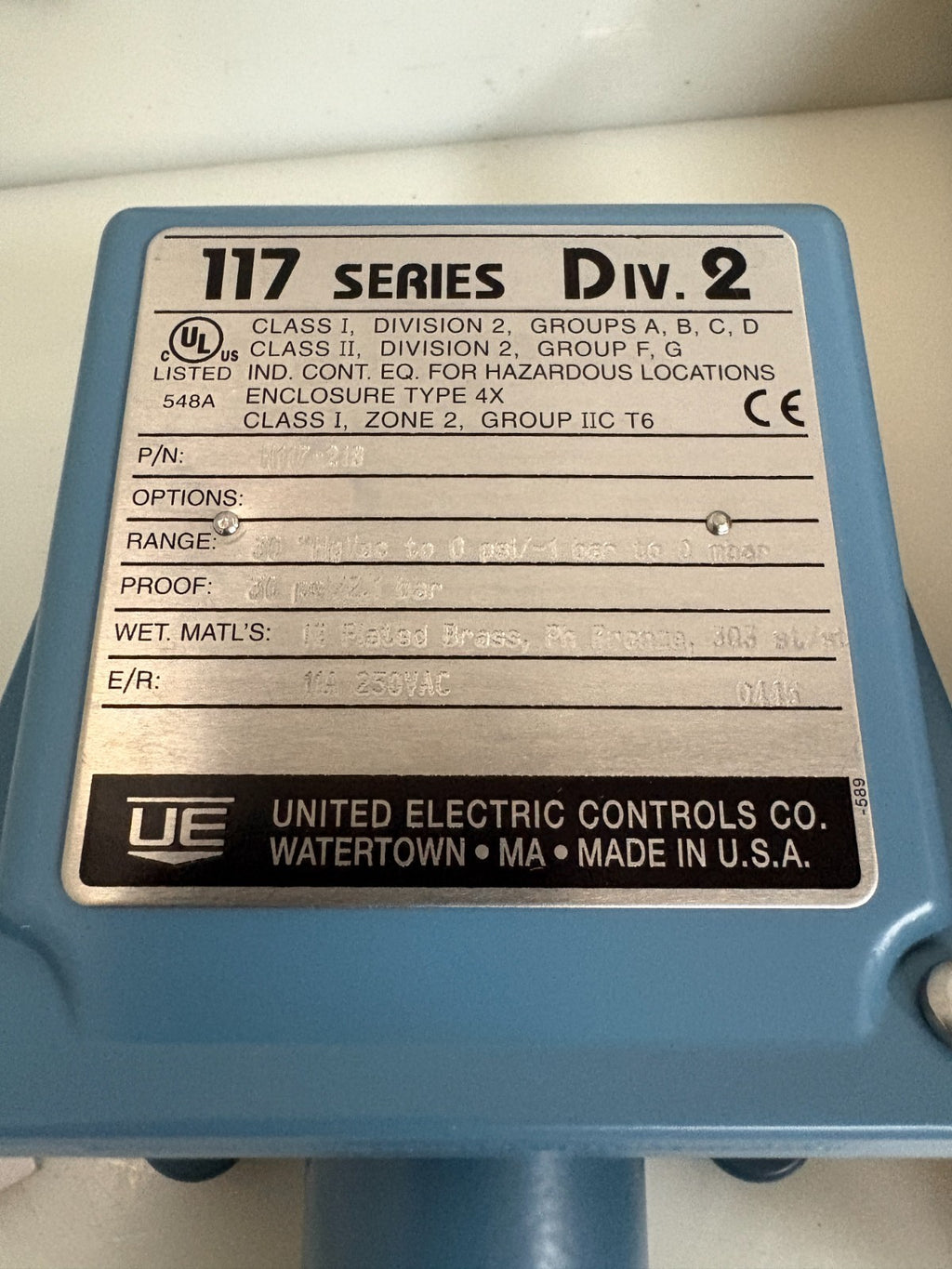UNITED ELECTRIC SERIES 117 DIV 2 PRESSURE SWITCH H117-218