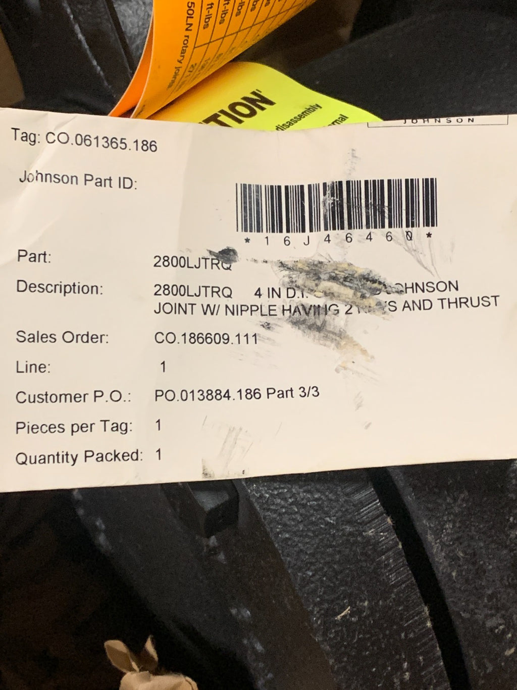 Kadant Johnson Rotary Joint 2800LJTRQ 4" Diam Joint w Nipple and Thrust 16J46460