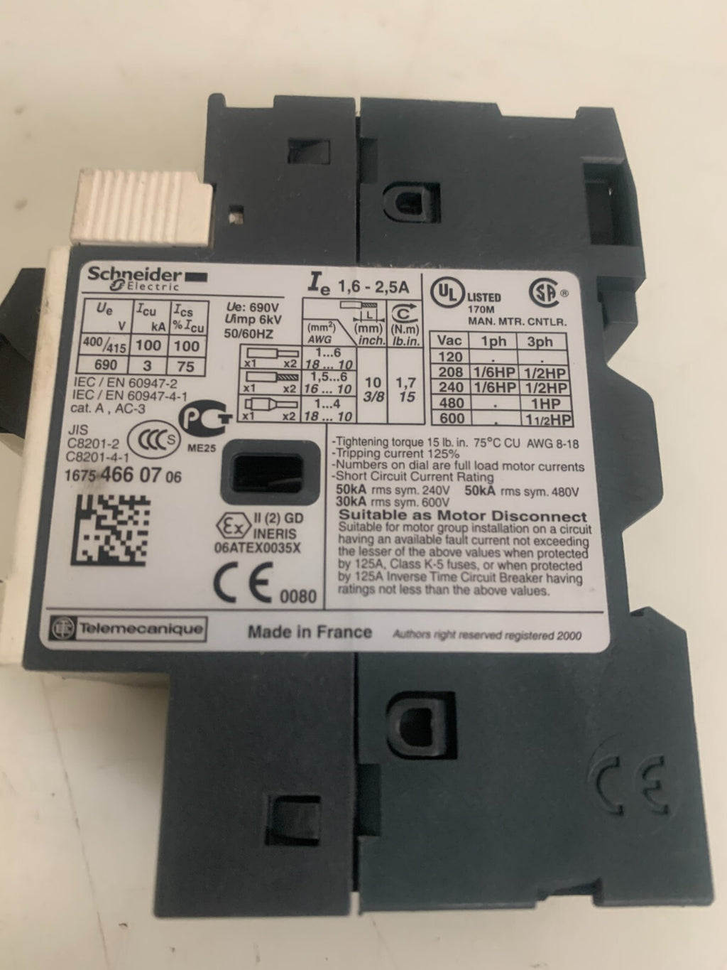 SCHNEIDER ELECTRIC CIRCUIT BREAKER GV2ME072