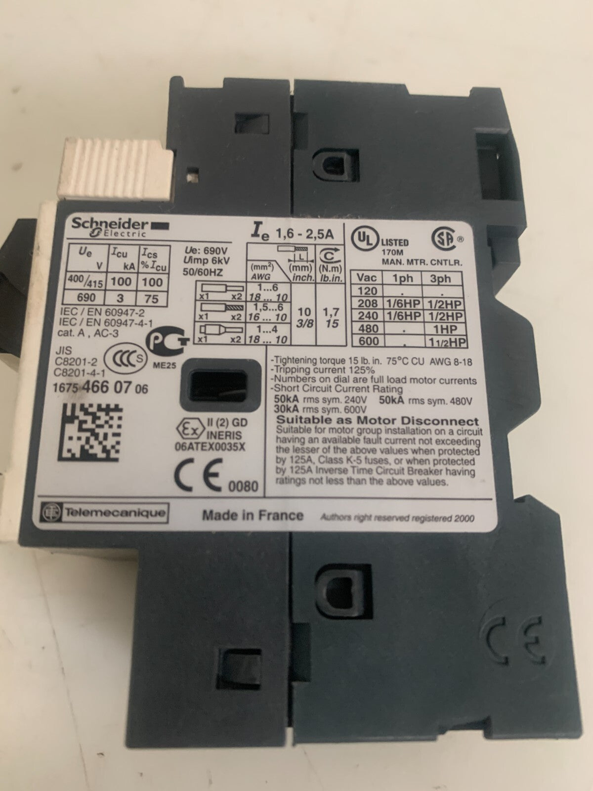 SCHNEIDER ELECTRIC CIRCUIT BREAKER GV2ME072