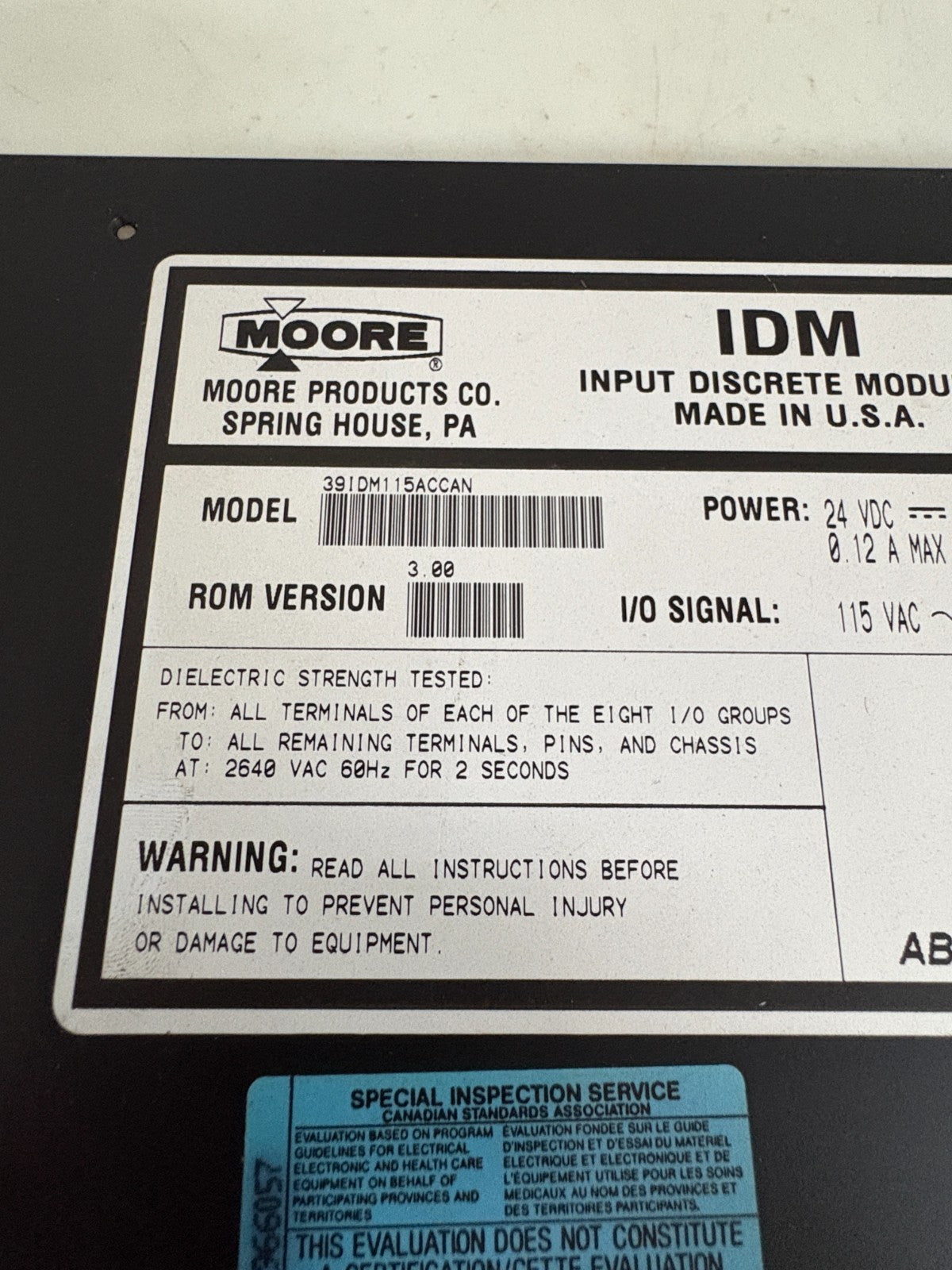 SIEMENS MOORE IDM INPUT DISCRETE MODULE 391DM115ACCAN