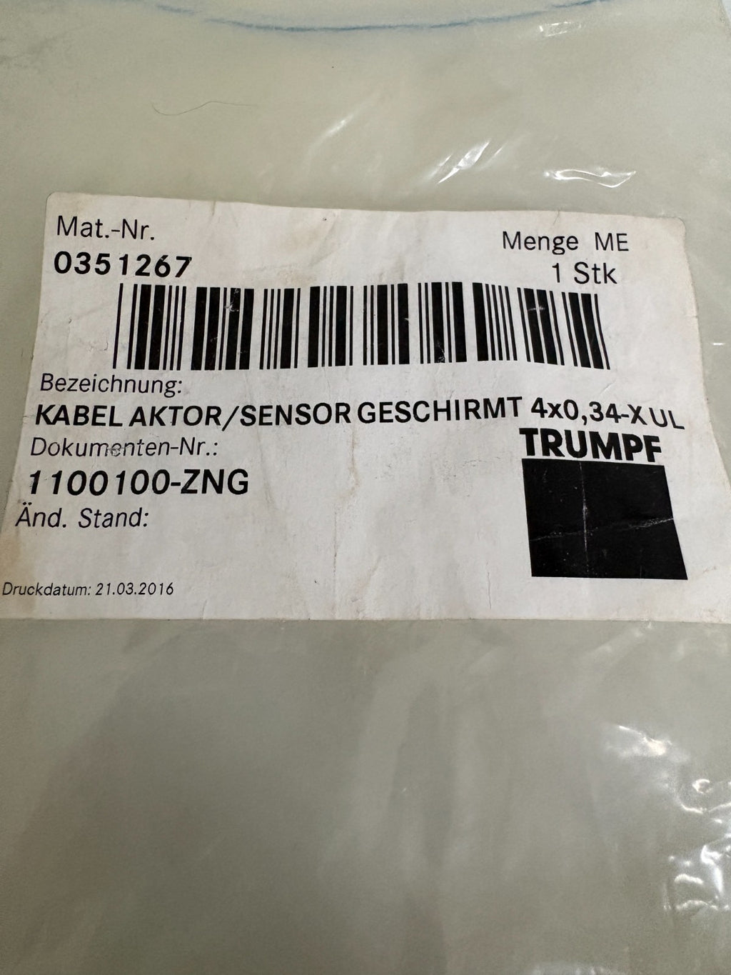 TRUMPF SENSOR CABLE 0351267 1100100-ZNG
