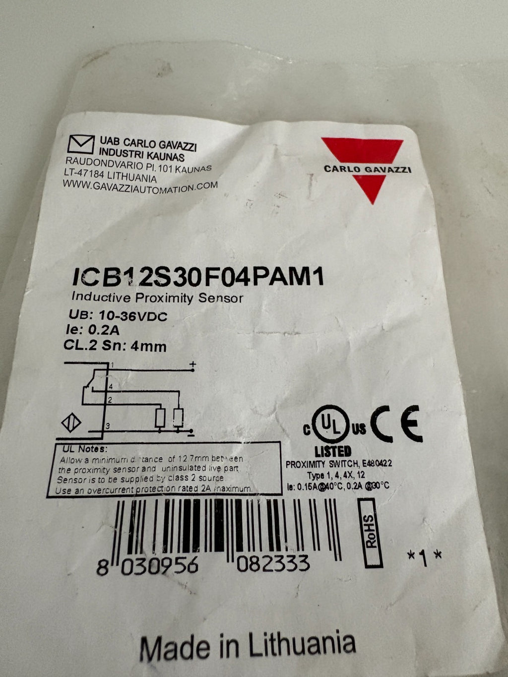 CARLO GAVAZZI INDUCTIVE PROXIMITY SENSOR ICB12S30F04PAM1