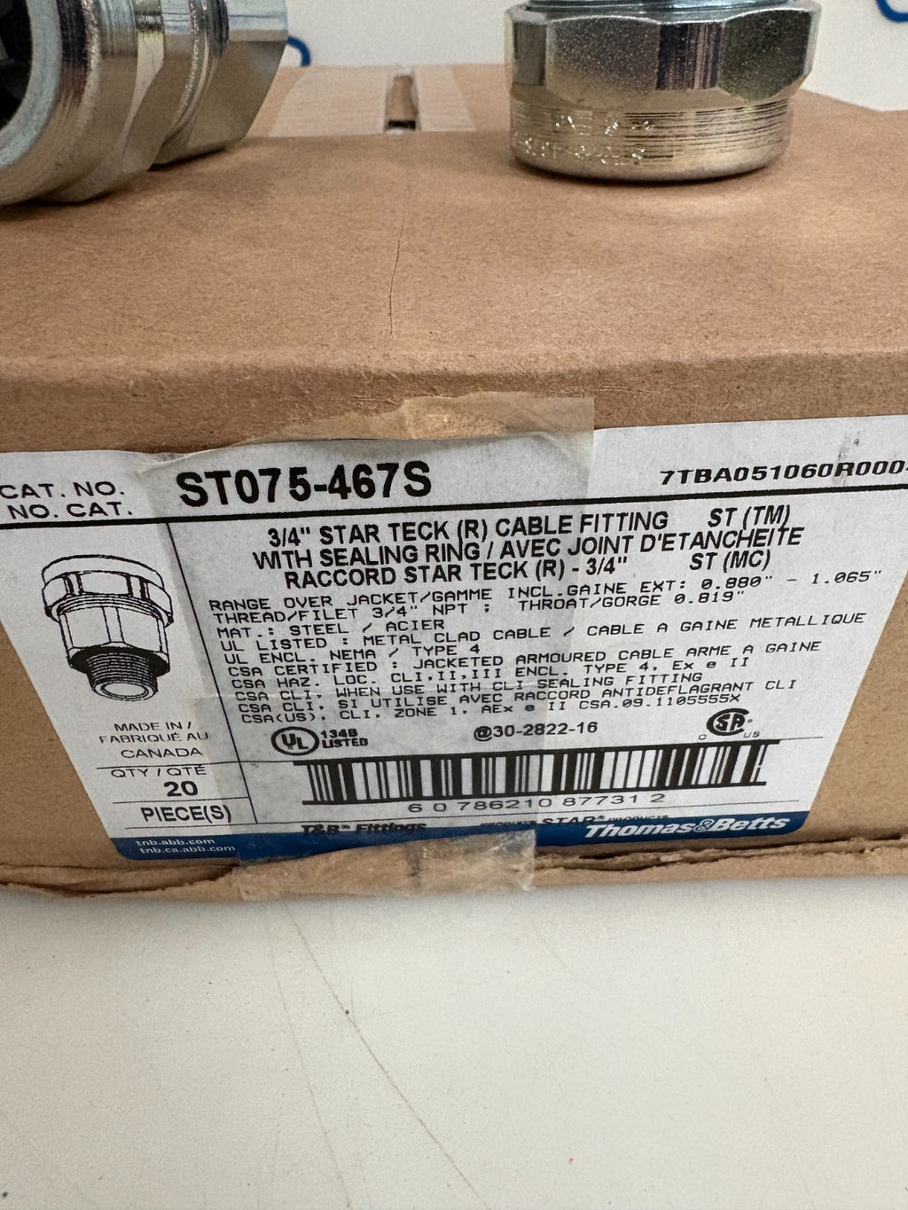 ABB THOMAS & BETTS 3/4 STAR TECK CABLE FITTING W/SEAL RING ST075-467S 20 PER BOX4