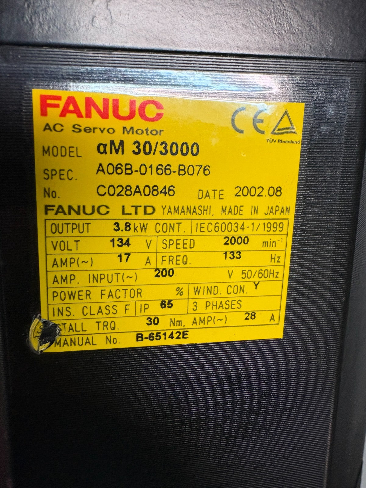 FANUC AC SERVO MOTOR M 30/3000 A 06B-0166-B0762