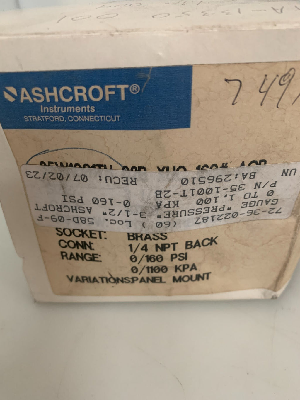 ASHCROFT PRESSURE GAUGE 160PSI 35W1001TH 02B XUC