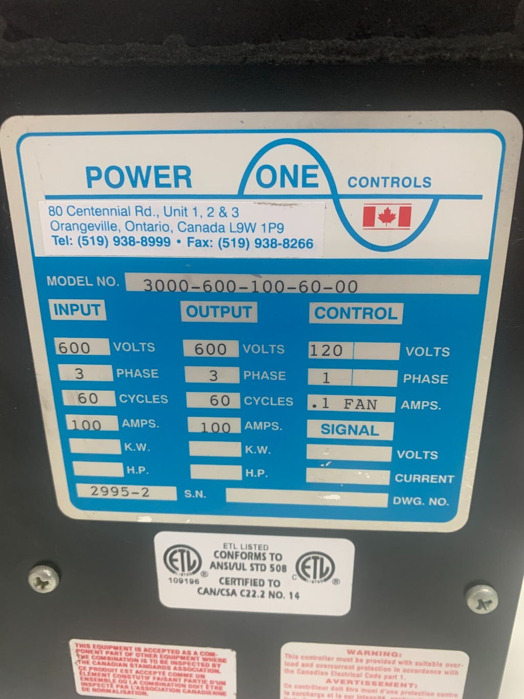 POWER-ONE CONTROLS   Power Supply  3000-600-100-60-00