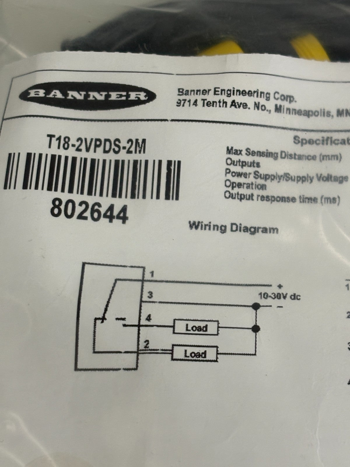 BANNER OPTIC PHOTOELECTRIC SENSOR T18-2XPDS-2M