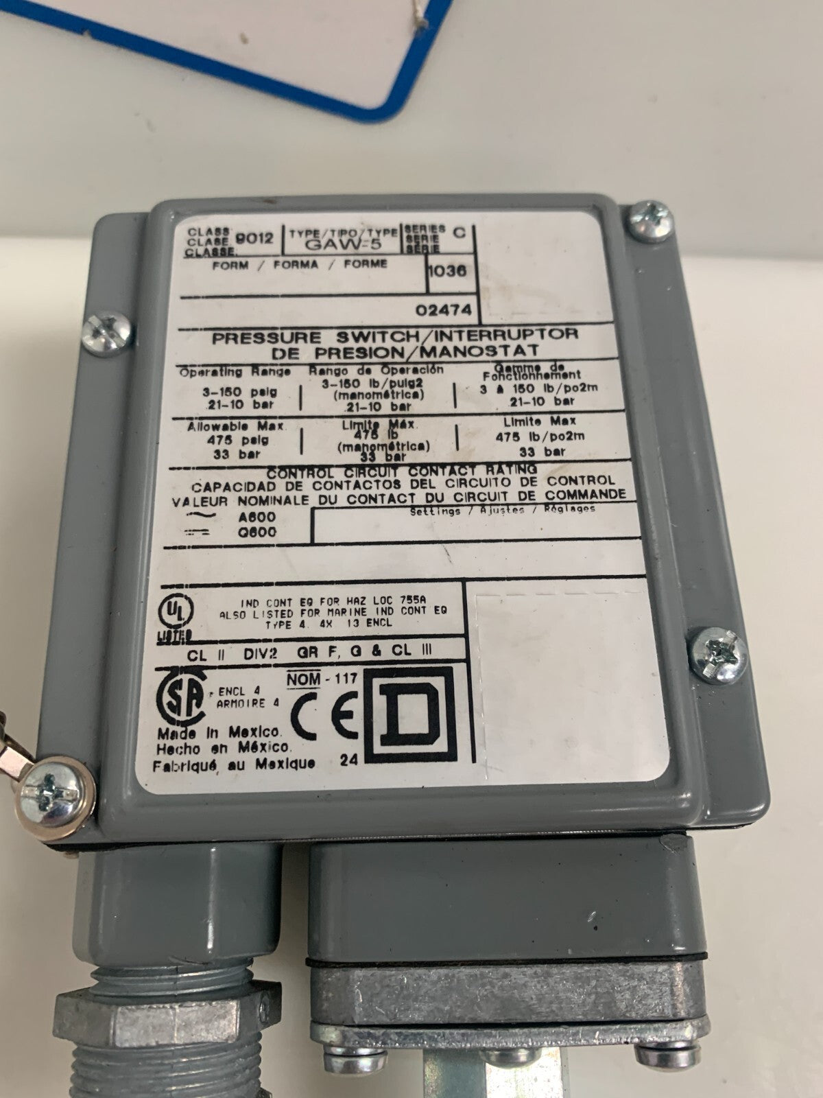 SQUARE D PRESSURE SWITCH GAW-51