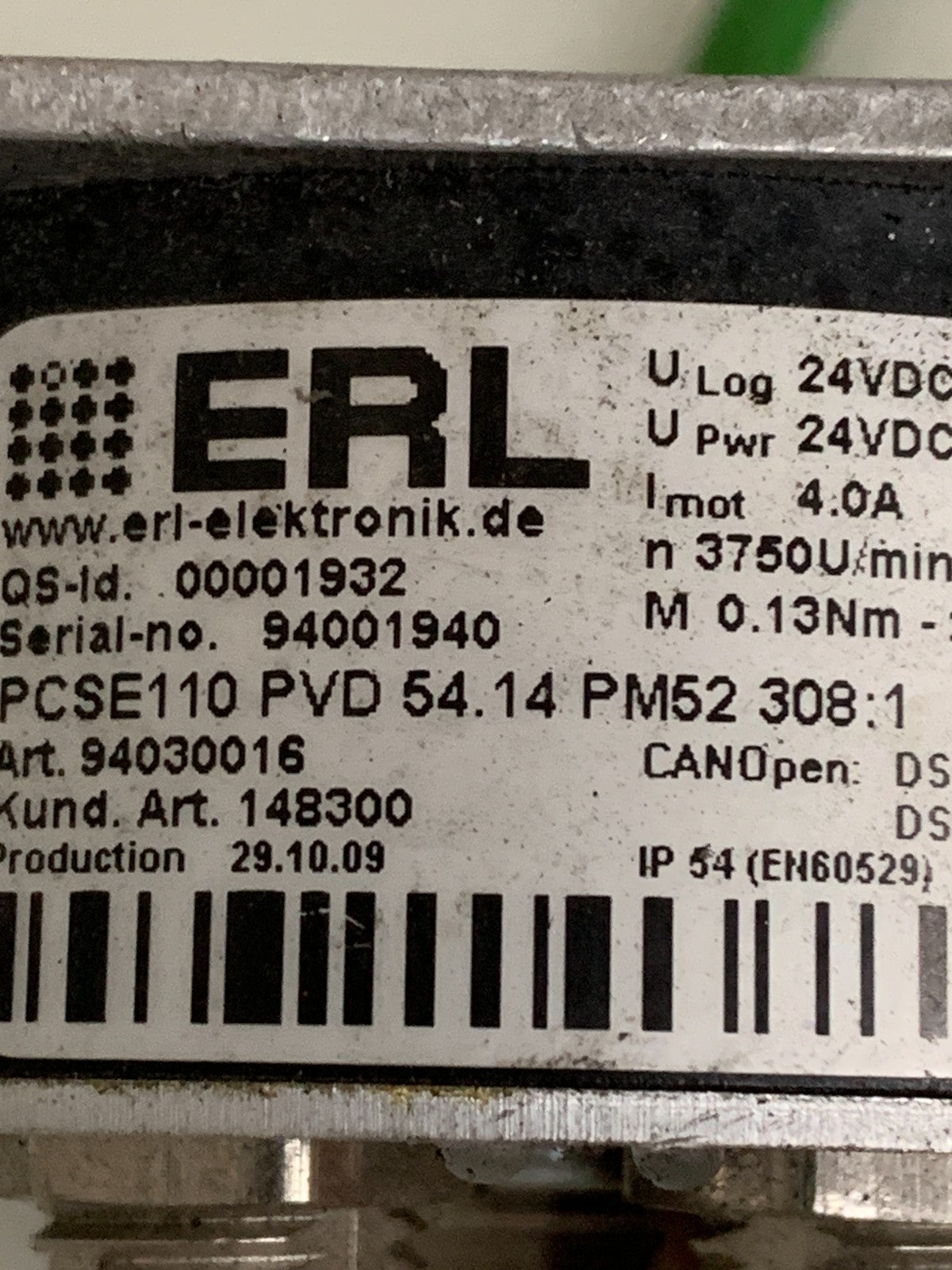 ERL MOTOR CONTROLLER #94030016 PCSE110 PVD 54.14 PM52 308:13