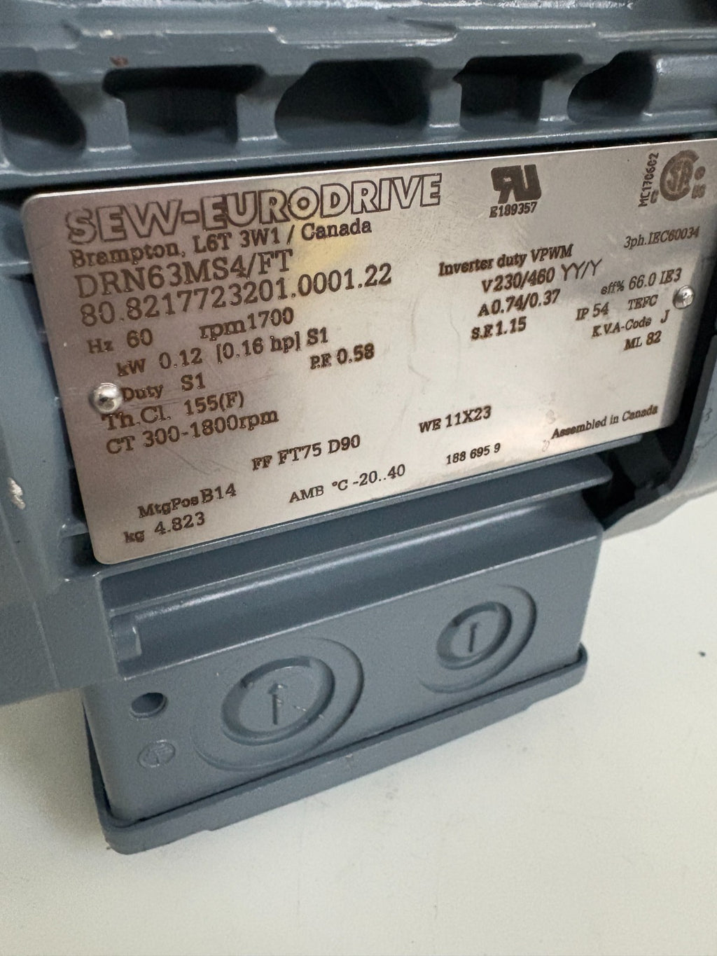 SEW EURODRIVE INVERTER DUTY MOTOR DRN63MS4/FT