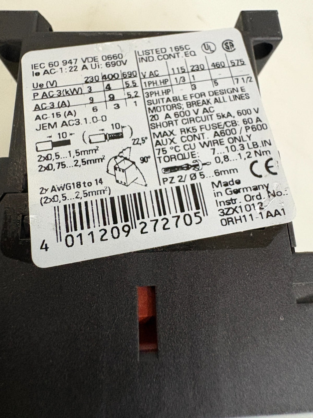 SIEMENS CONTACTOR 3RT1016-1BB41 G/000508-E0 W/3RH1911-1FA22