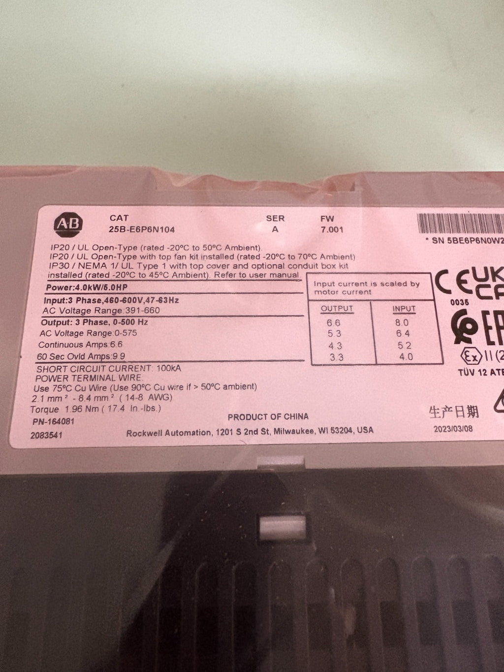 ALLEN BRADLEY 5 HP POWER FLEX AC DRIVE 25B-E6P6N104 SER A3