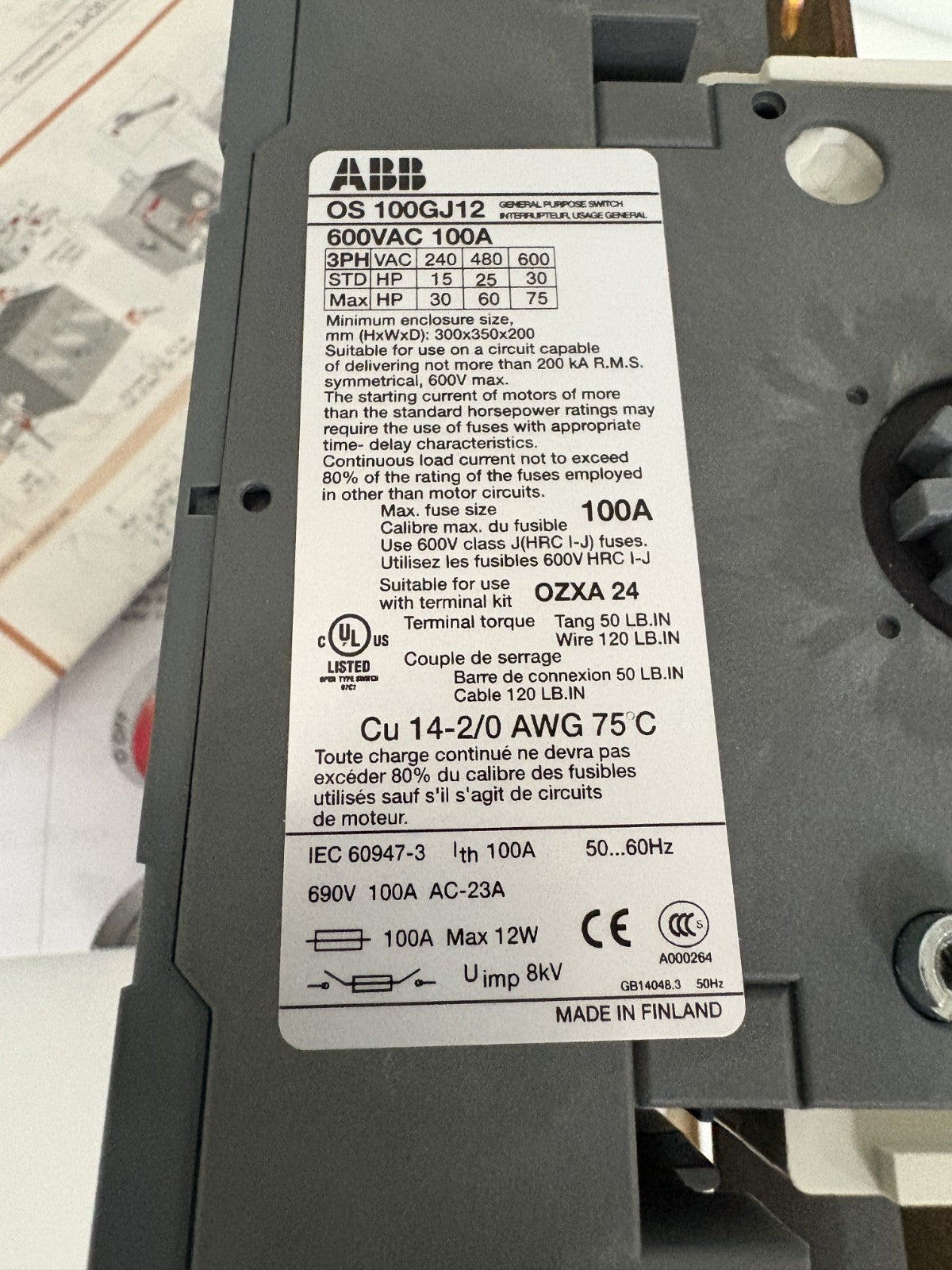ABB 100A DISCONNECT SWITCH 1SCA115666R10012