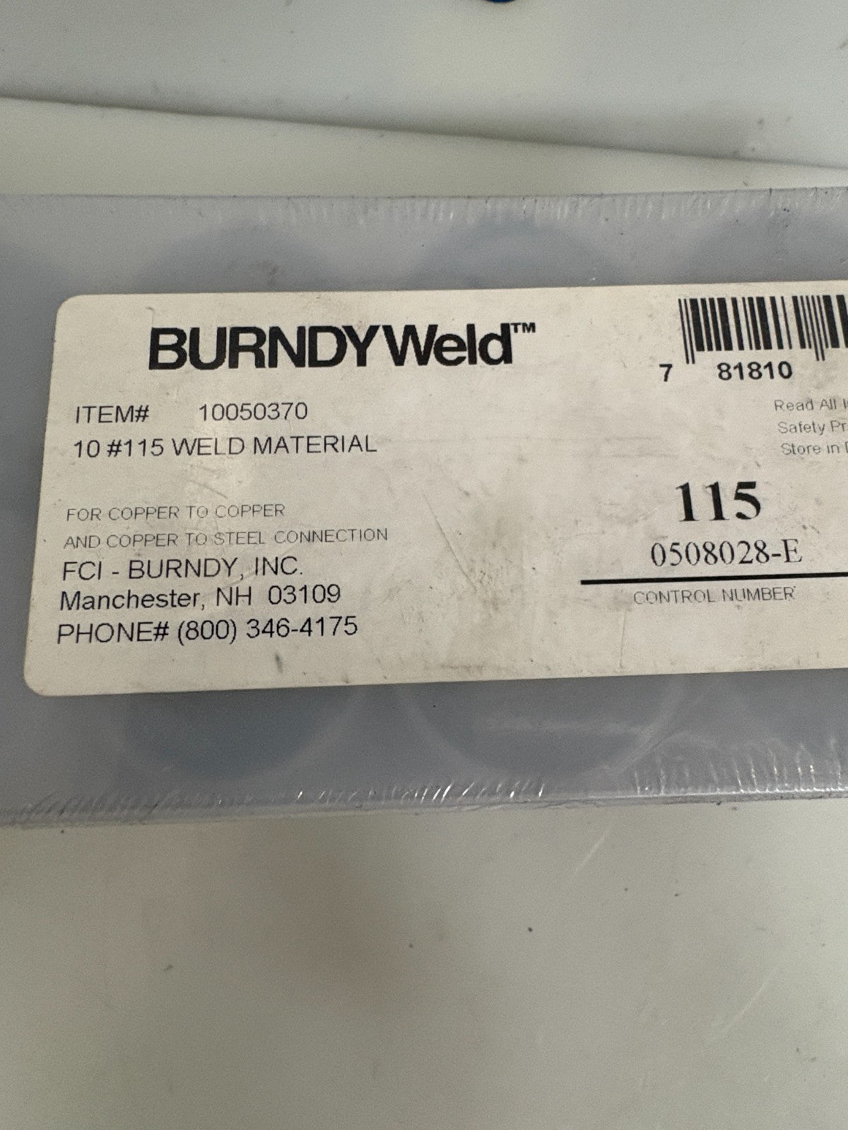 BURNDY WELD WELDING MATERIAL #10050370 10 #115 BOX OF 101