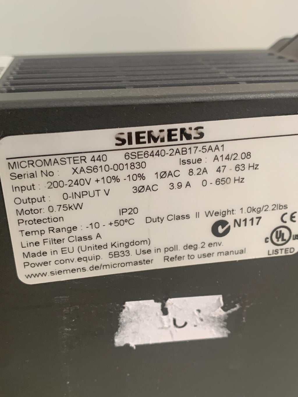 SIEMENS MICROMASTER 440 DRIVE 6SE6440-2AB17-5AA1