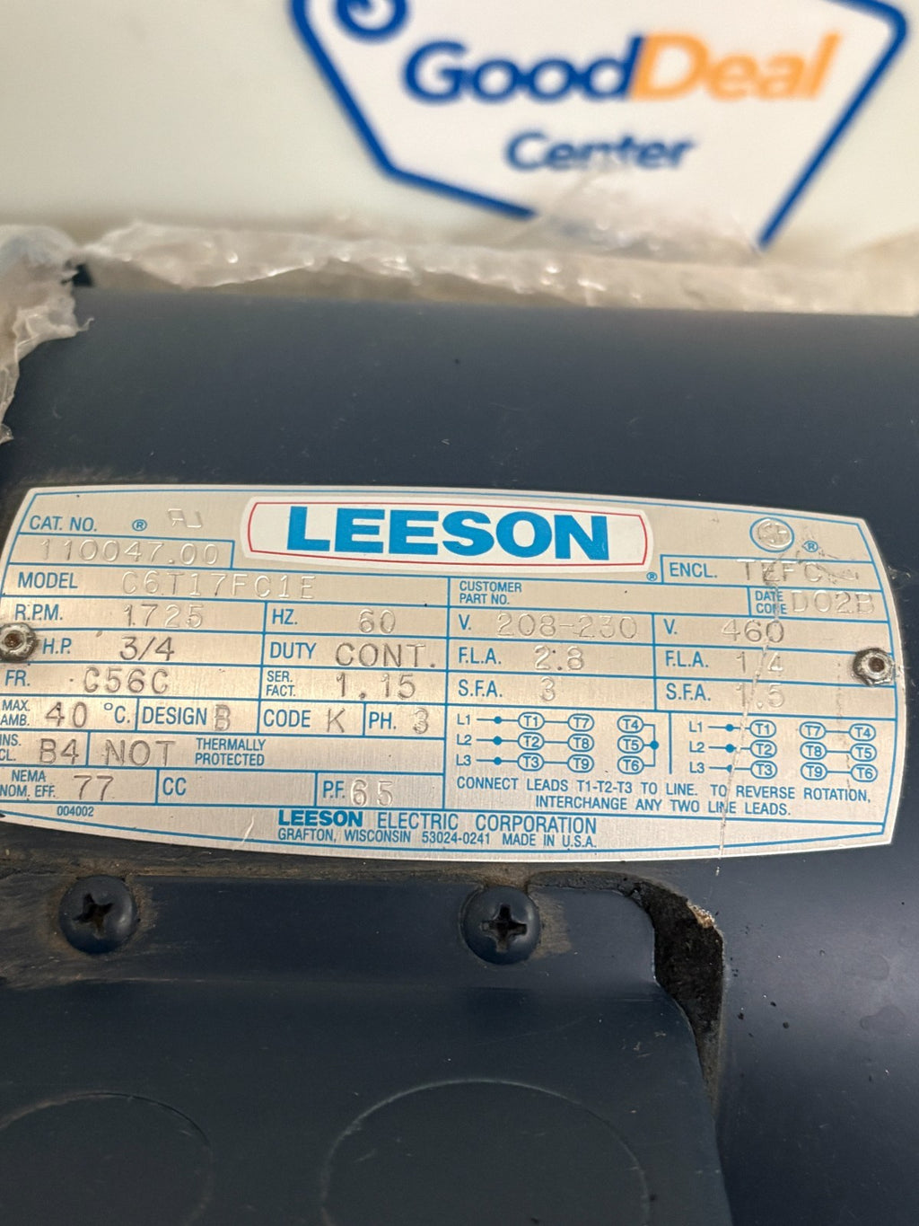 LEESON 3/4 HP 1725 RPM MOTOR C6T17FC1E 2