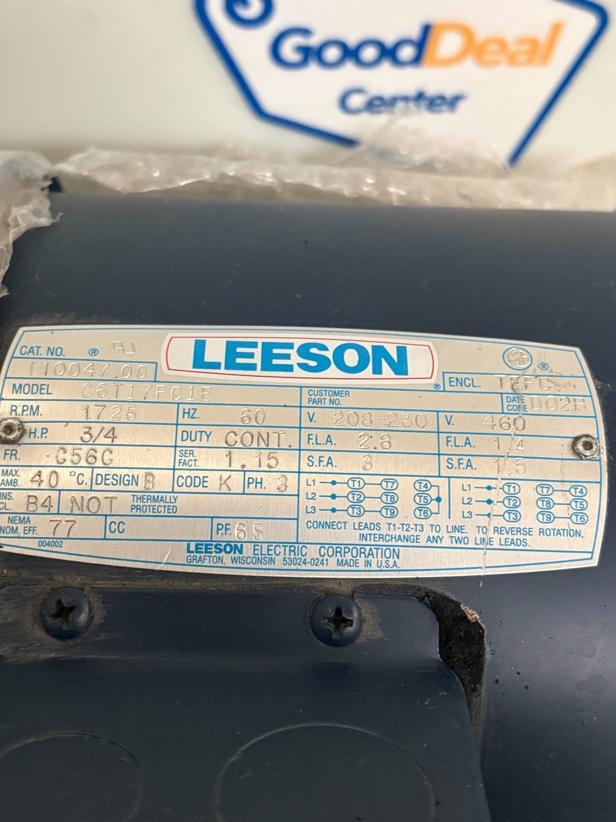 LEESON 3/4 HP 1725 RPM MOTOR C6T17FC1E 2