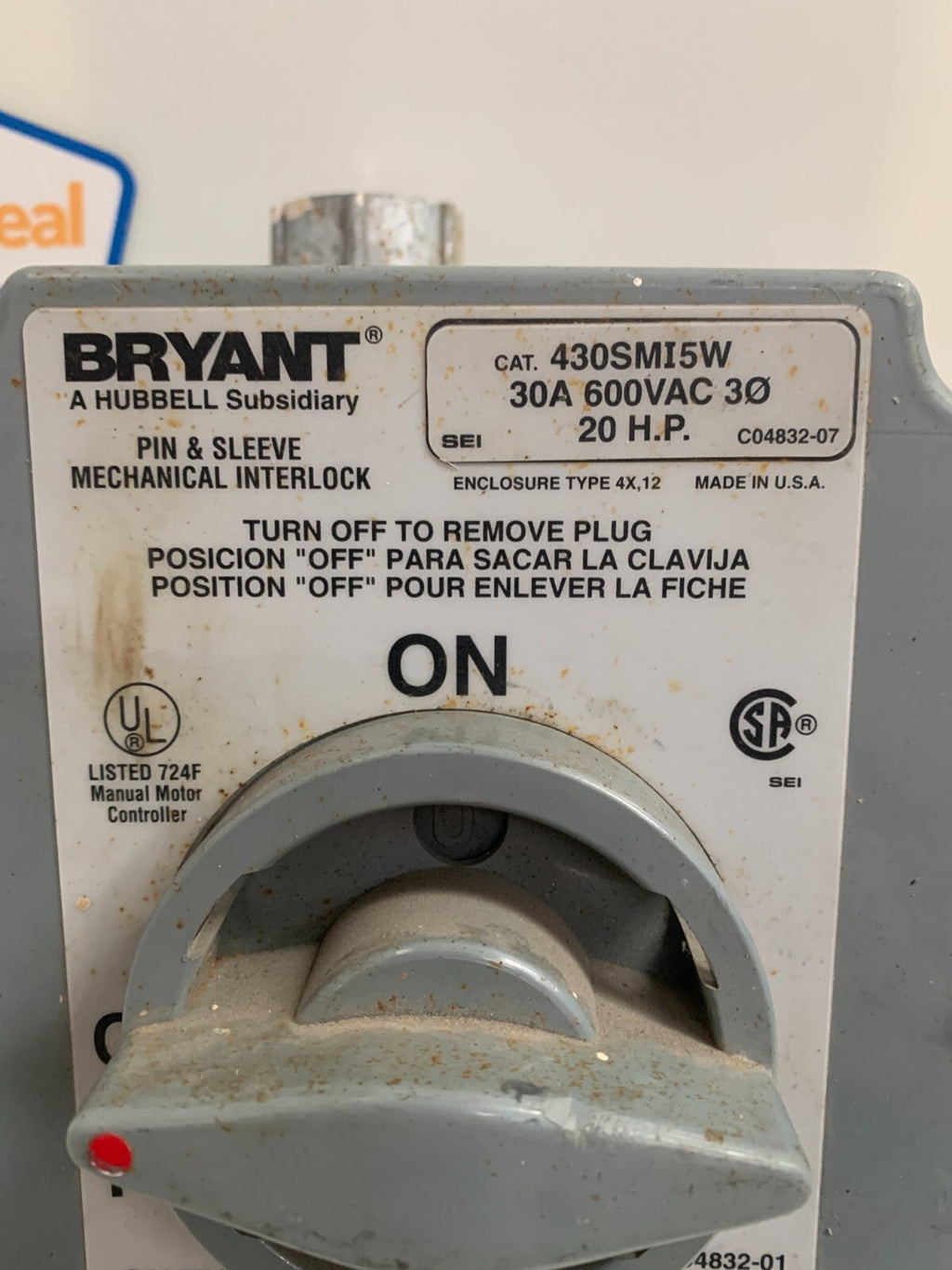 BRYONT PIN & SLEEVE MECHANICAL INTERLOCK 430SMI5W 30A 600 VAC