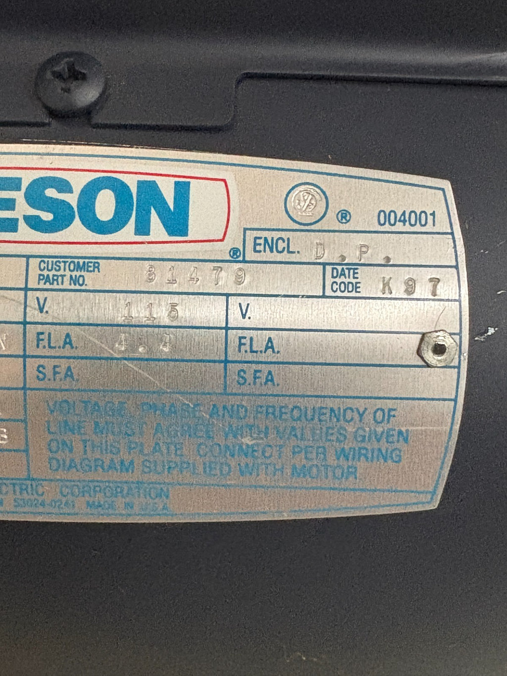 LEESON 1/2HP MOTOR M4P17DJ2F CAT #100231M00