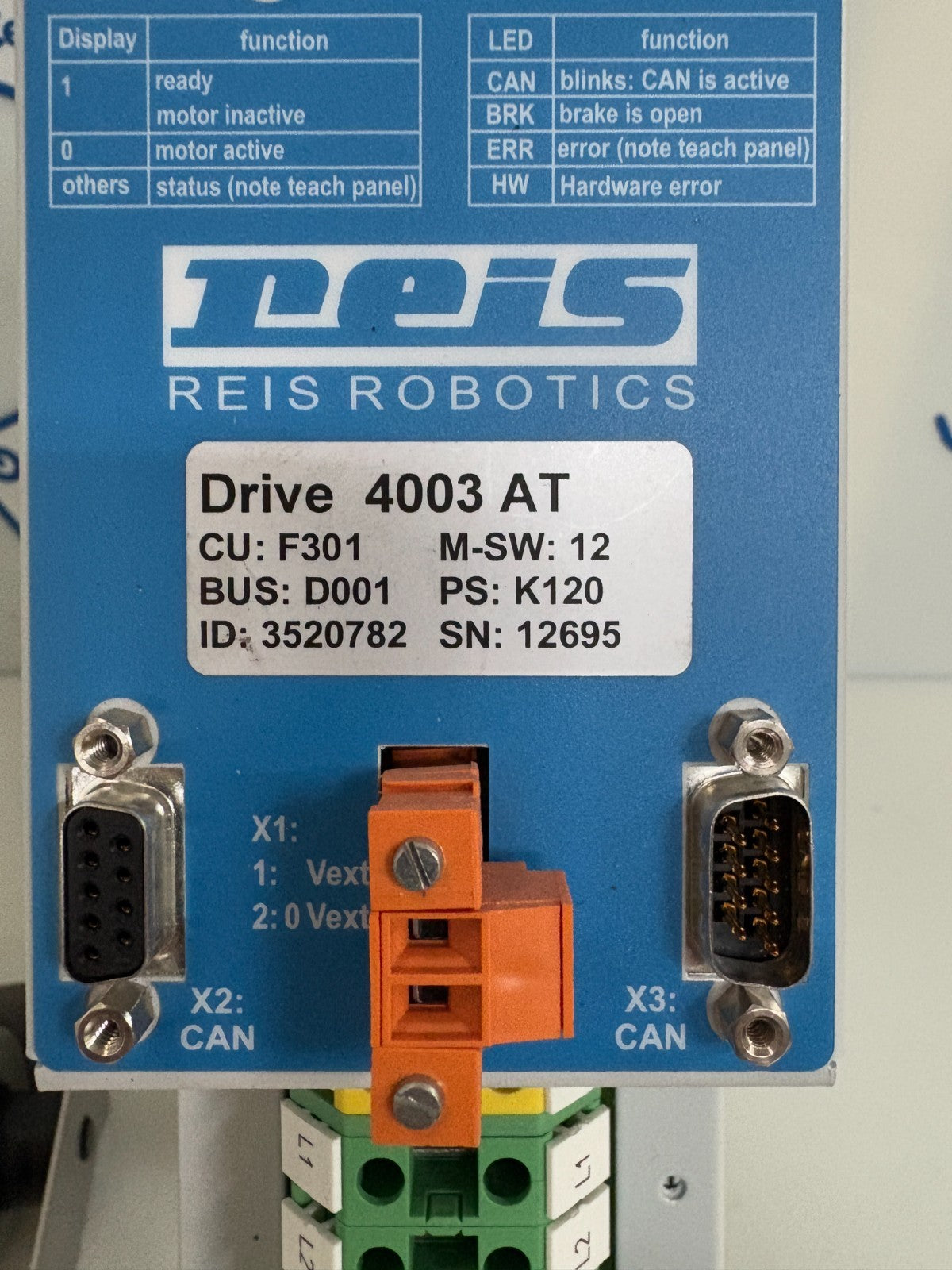 REIS ROBOTICS SERVO DRIVE 4003 AT ID#3520782 W/WHEEL CABLE DOLLY1