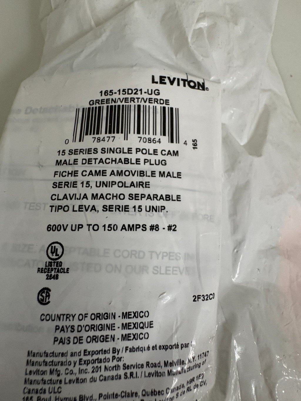 LOT OF 2 LEVITON SINGLE POLE CAM GREEN 165-15D21-UG