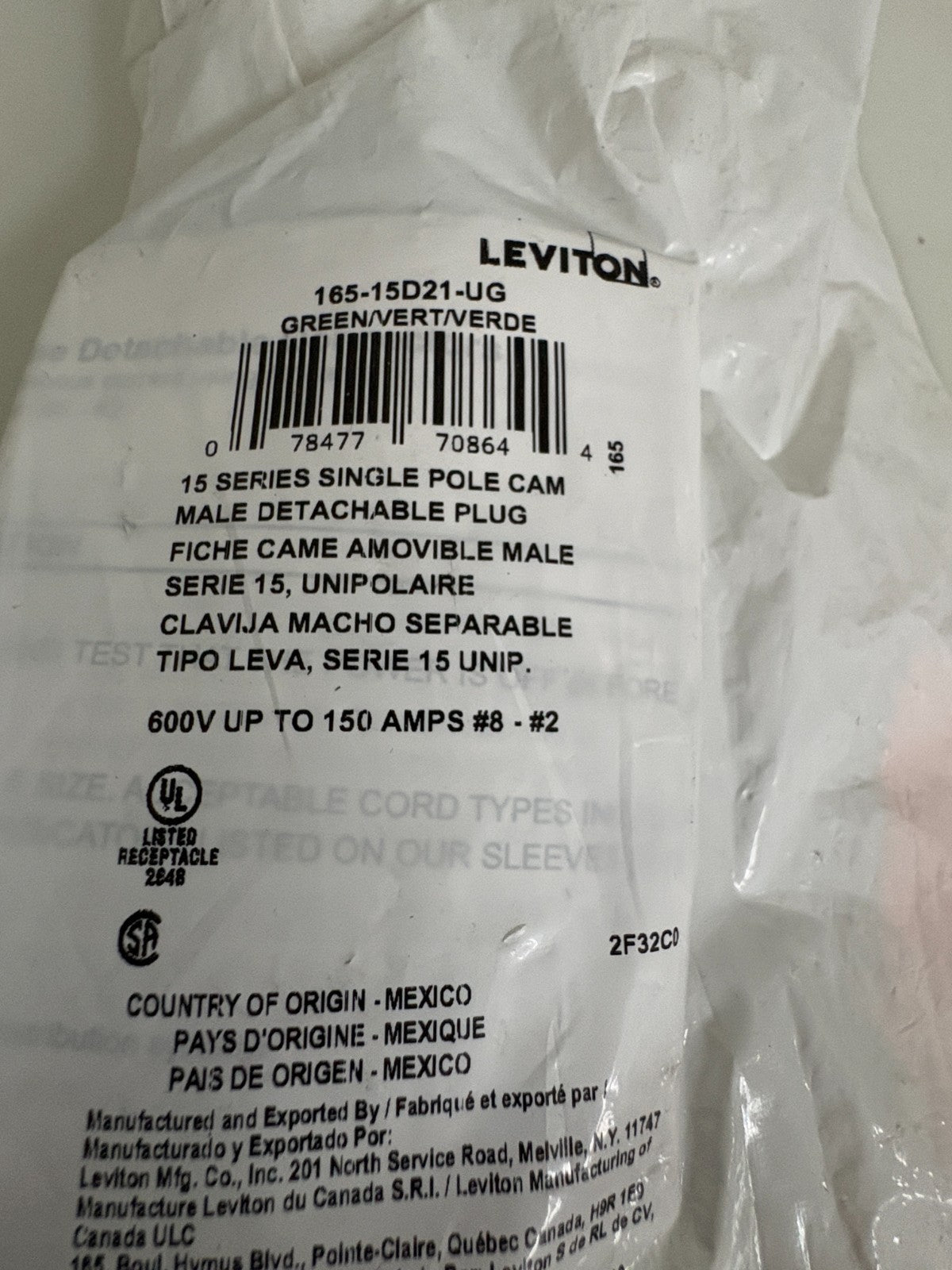 LOT OF 2 LEVITON SINGLE POLE CAM GREEN 165-15D21-UG