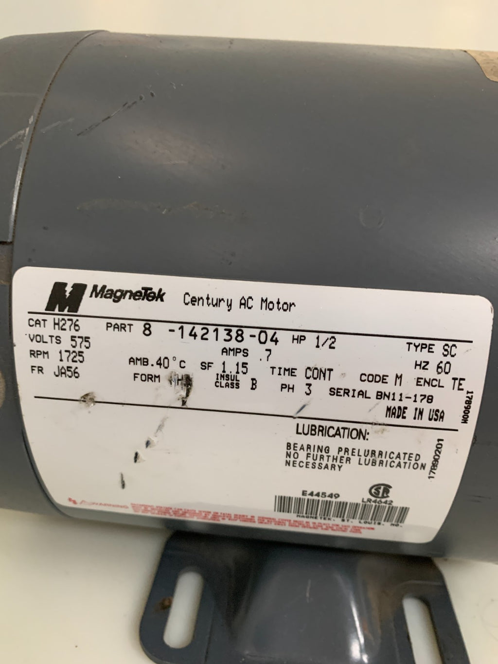 MAGNETEK CENTURY AC MOTOR 1/2 HP 1725 RPM CAT#H276 PART# 8-142138-04
