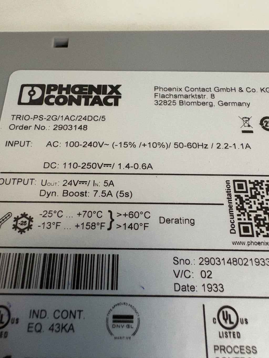 PHOENIX CONTACT POWER SUPPLY TRIO-PS-2G/1AC/24DC/5