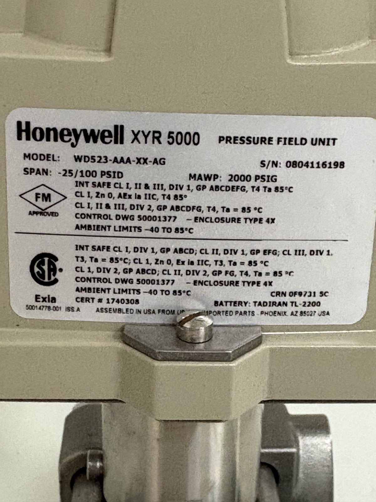 HONEYWELL PRESSURE FIELD UNIT XYR-5000  WD523-AAA-XX-AG