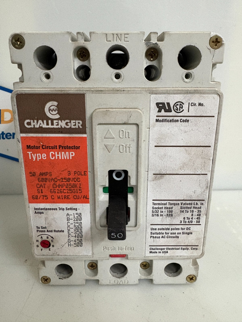 CHALLENGER 50 AMP MOTOR CIRCUIT PROTECTOR TYPE CHMP050K2 6626C25G15