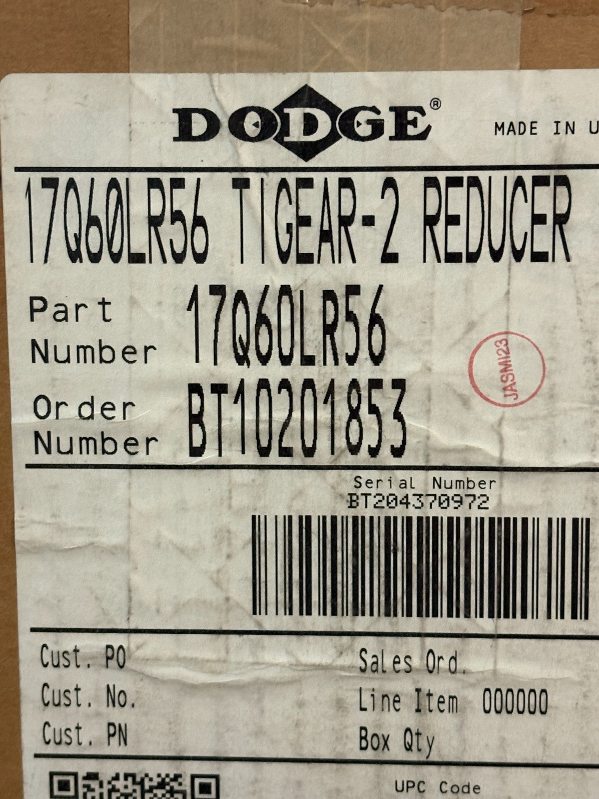 DODGE TIGEAR-2 REDUCER GEAR BOX #17Q60LR56 0.43 HP 60:1 GEAR 29RPM5