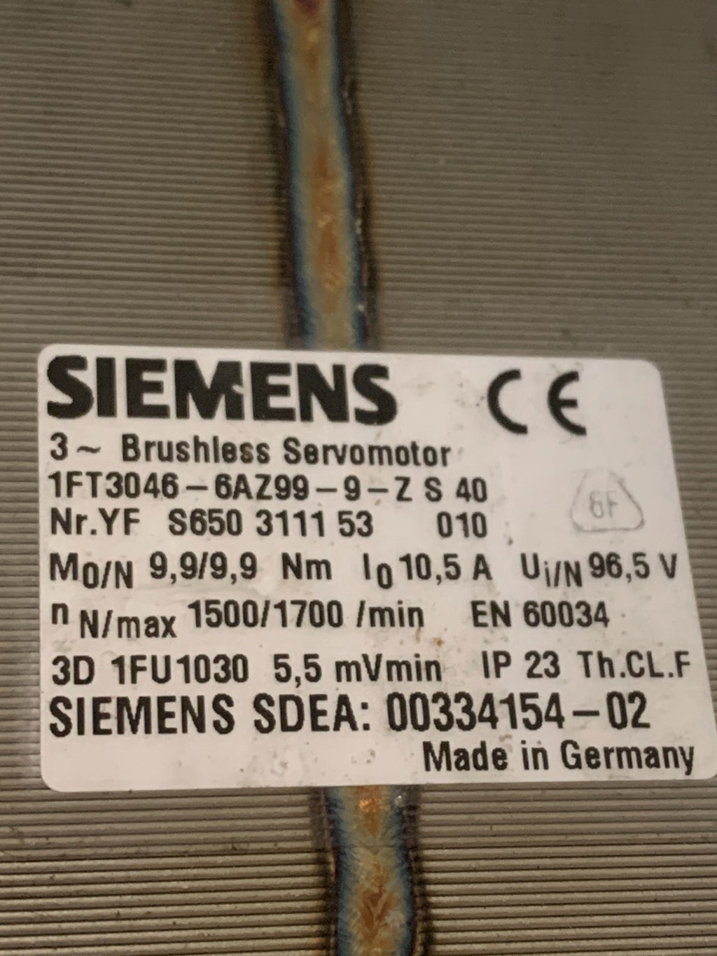SIEMENS BRUSHLESS SERVOMETER 1500/1700/MIN 1FT3046-6AZ99-9-Z S 40