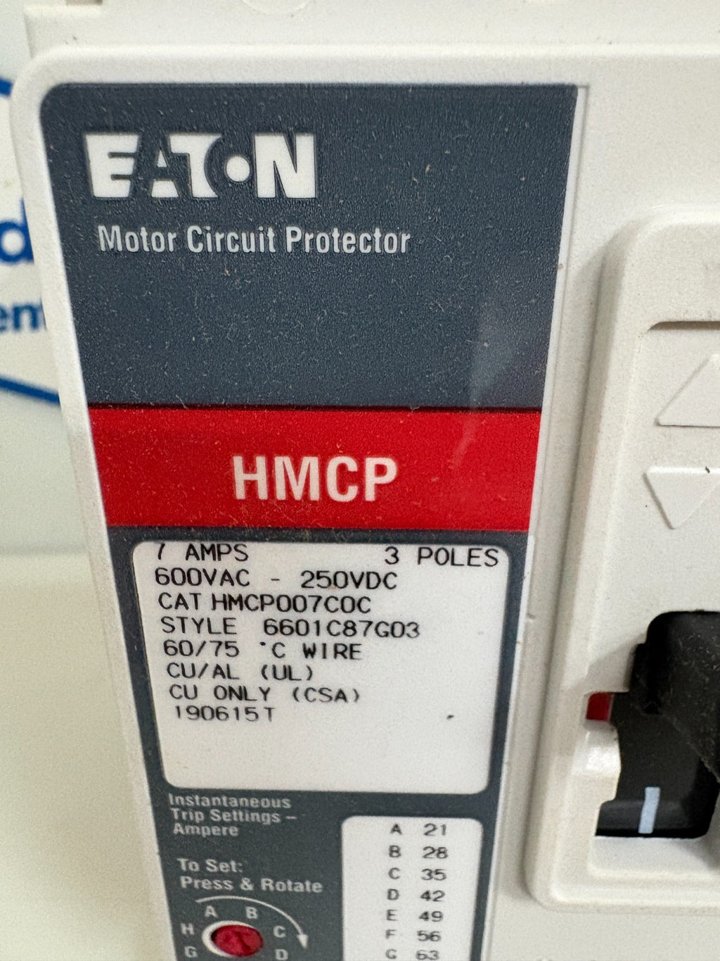 EATON 7 AMPS MOTOR CIRCUIT PROTECTOR HMCP007COC2