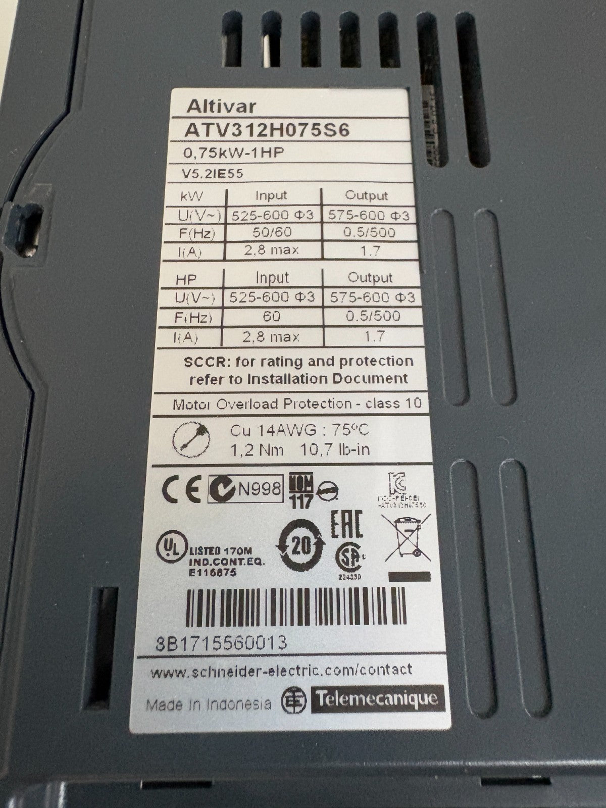 SCHNEIDER ELECTRIC 1HP MOTOR DRIVE ATV312H075S63