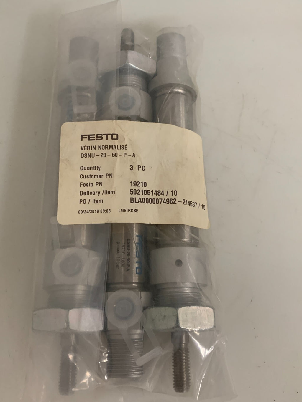 LOT OF 3 FESTO STANDARD PNEUMATIC CYLINDER 19210 DSNU-20-50-P-A