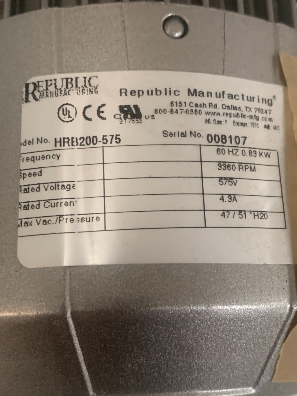 REPUBLIC MANUFACTURING VACUUM-BLOWER MODEL HRB200-5754