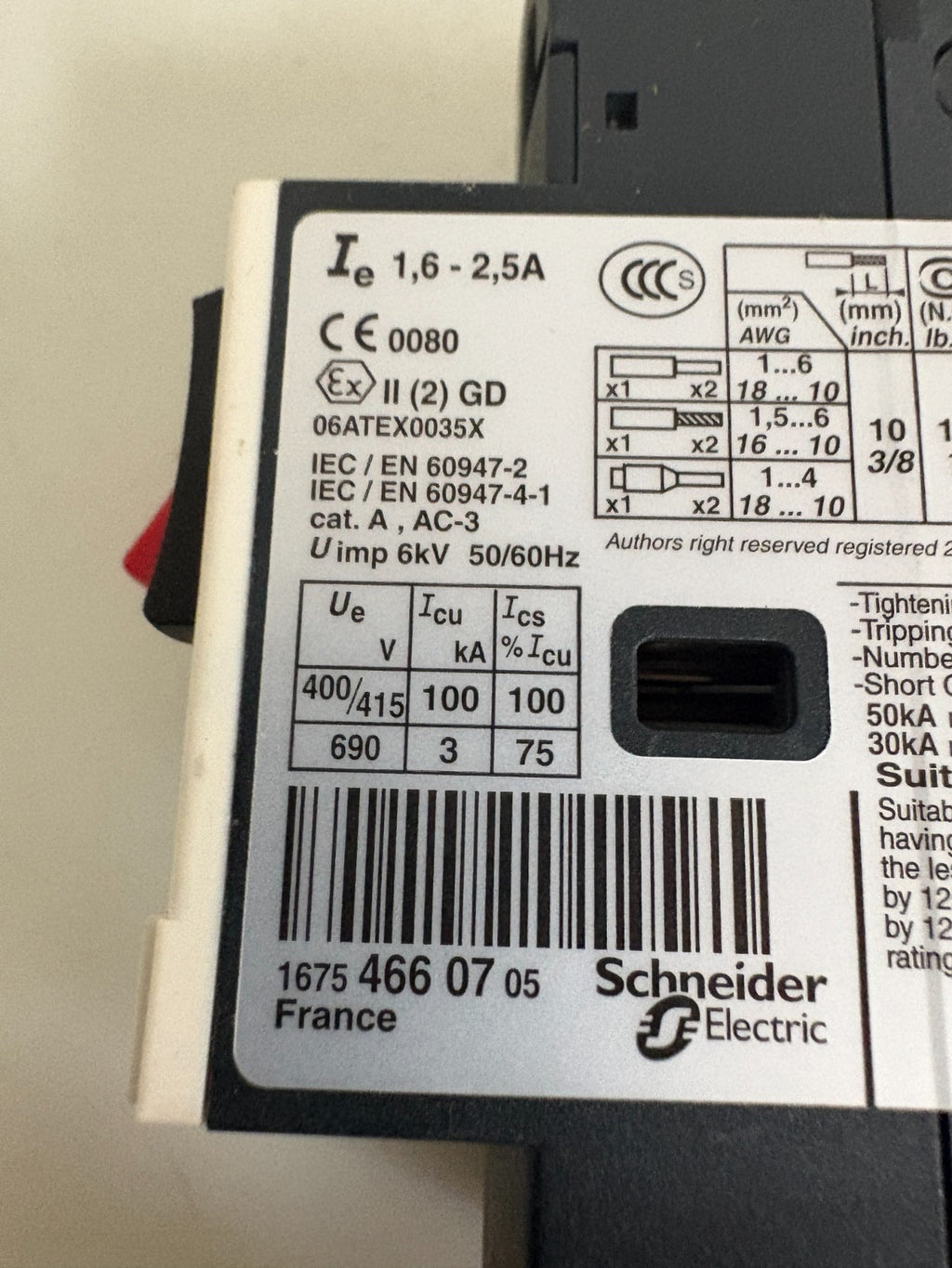SCHNEIDER ELECTRIC MOTOR STARTER GV2ME07/1.6-2.5 D