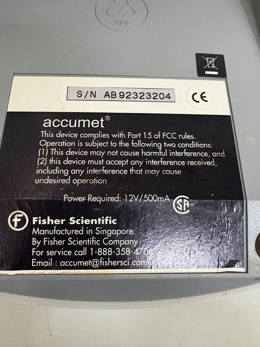 FISHER SCIENTIFIC PH METER ACCUMET BASIC W/PROBE-MANUAL AND POWER SUPPLY AB15