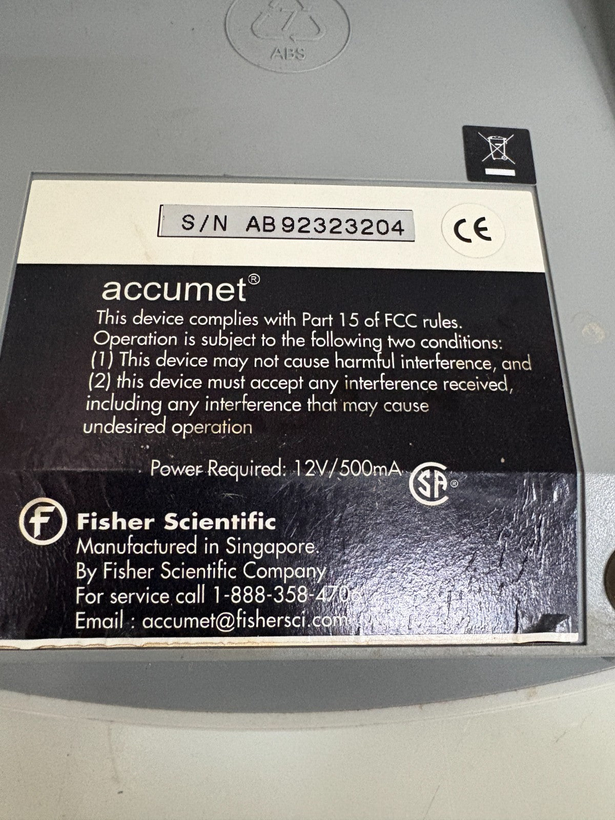 FISHER SCIENTIFIC PH METER ACCUMET BASIC W/PROBE-MANUAL AND POWER SUPPLY AB15