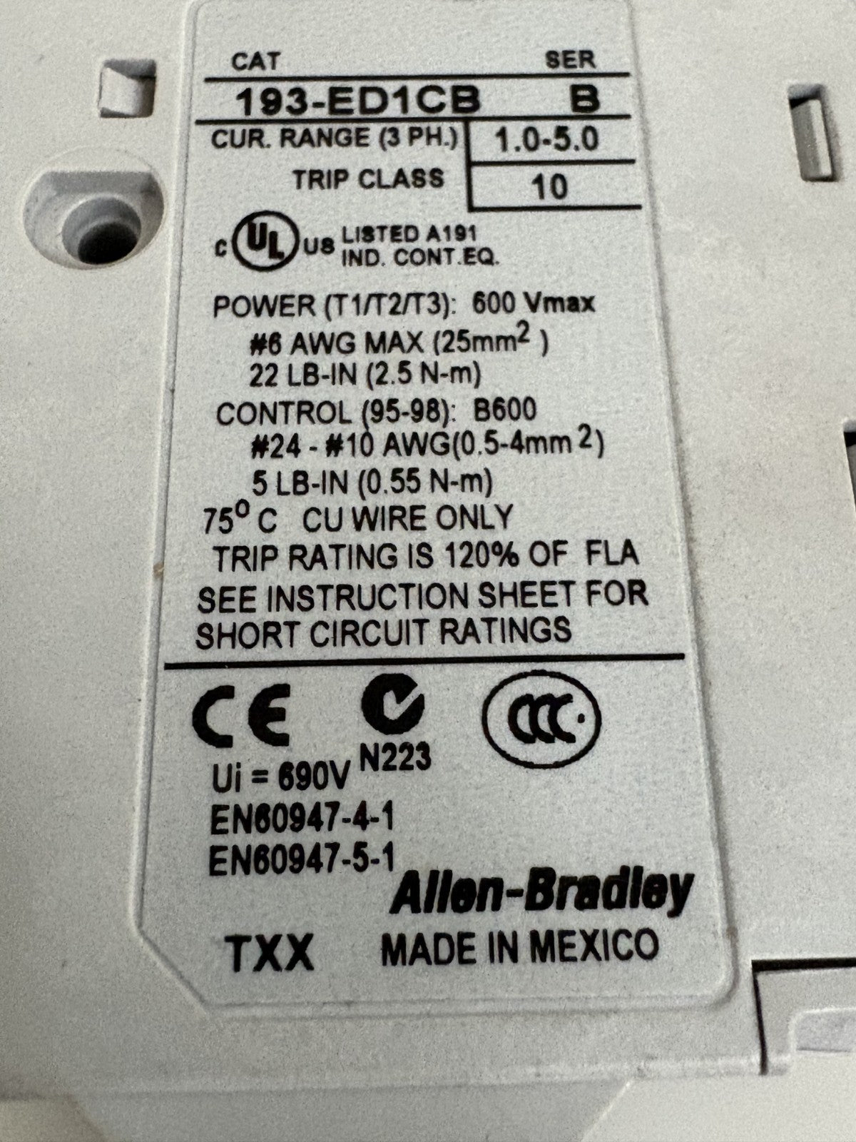 ALLEN BRADLEY E1 PLUS OVERLOAD RELAY 193-ED1CB B3