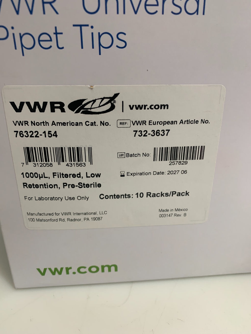 VWR 76322-154 Universal Pipet Tips 1000µl 96 10x96