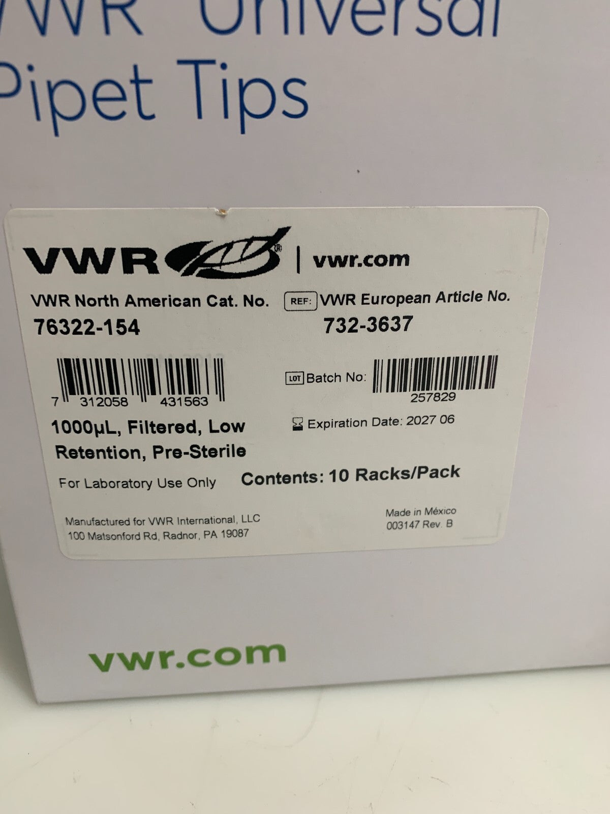 VWR 76322-154 Universal Pipet Tips 1000µl 96 10x96