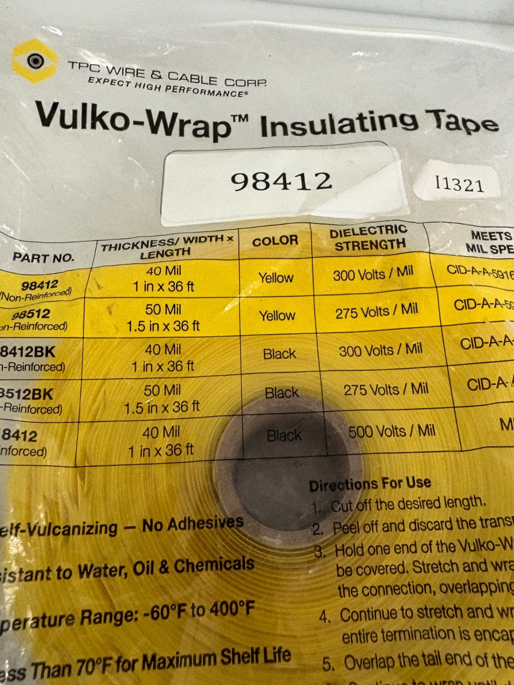 VULKO-WRAP INSULATING TAPE MIX LOT 1X98412 1" 1X98512 2"