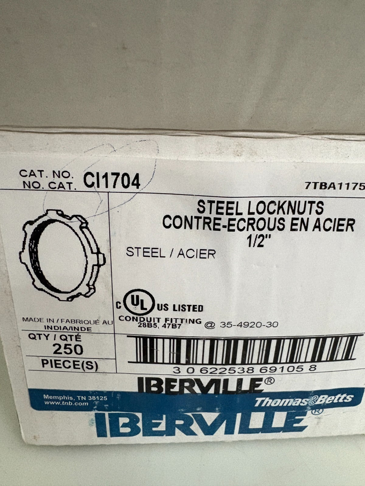 ABB THOMAS & BETTS STEEL 1/2" LOCKNUTS CI1704 250 IN BOX2