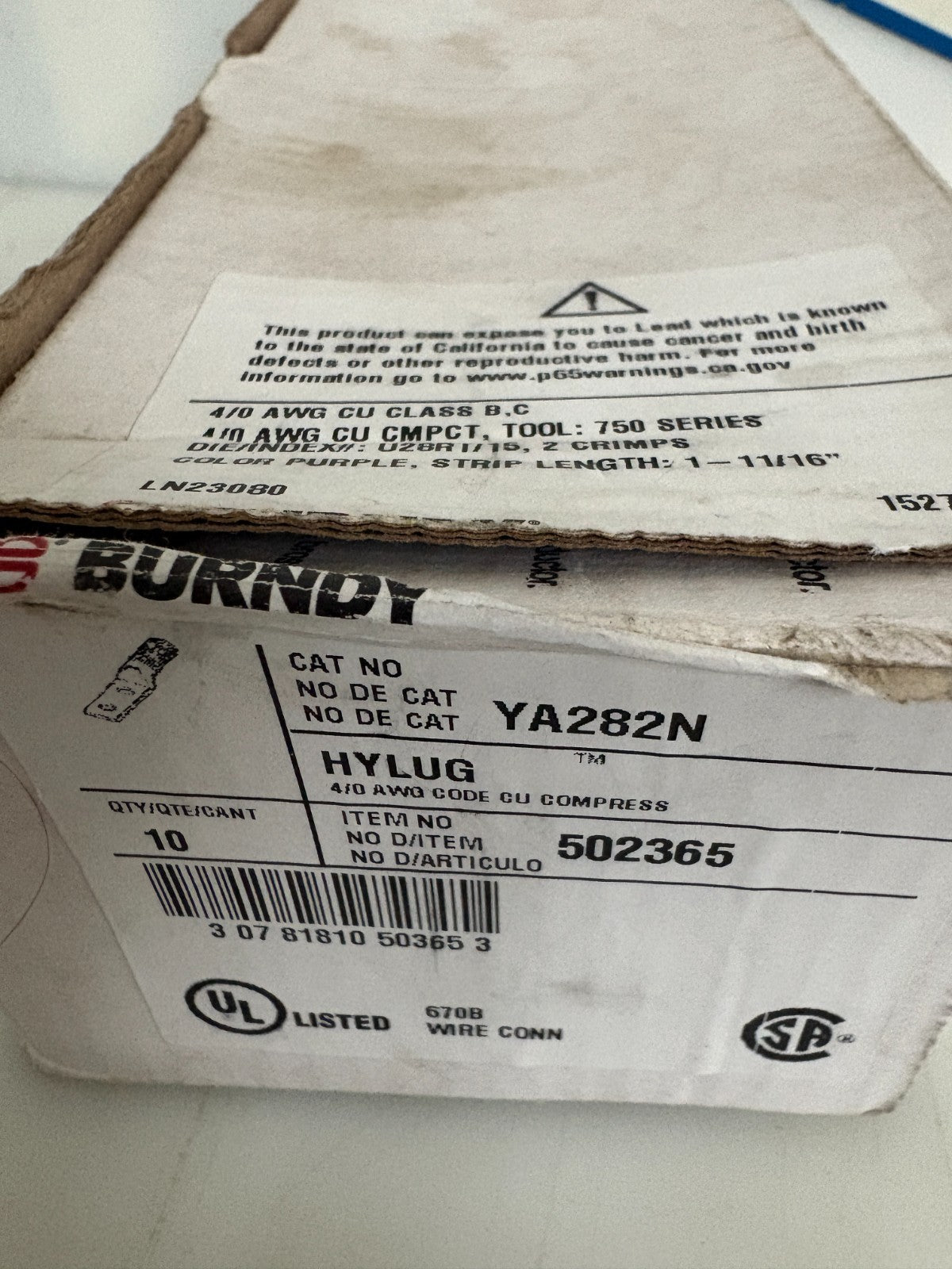 BURNDY HYLUG COMPRESSION LUG YA282N2