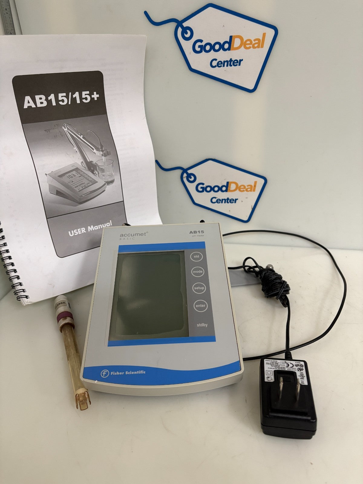 FISHER SCIENTIFIC PH METER ACCUMET BASIC W/PROBE-MANUAL AND POWER SUPPLY AB150